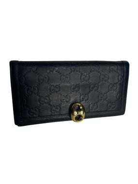 Gucci Black GG Embossed Leather Continental Wallet with Gold Clasp